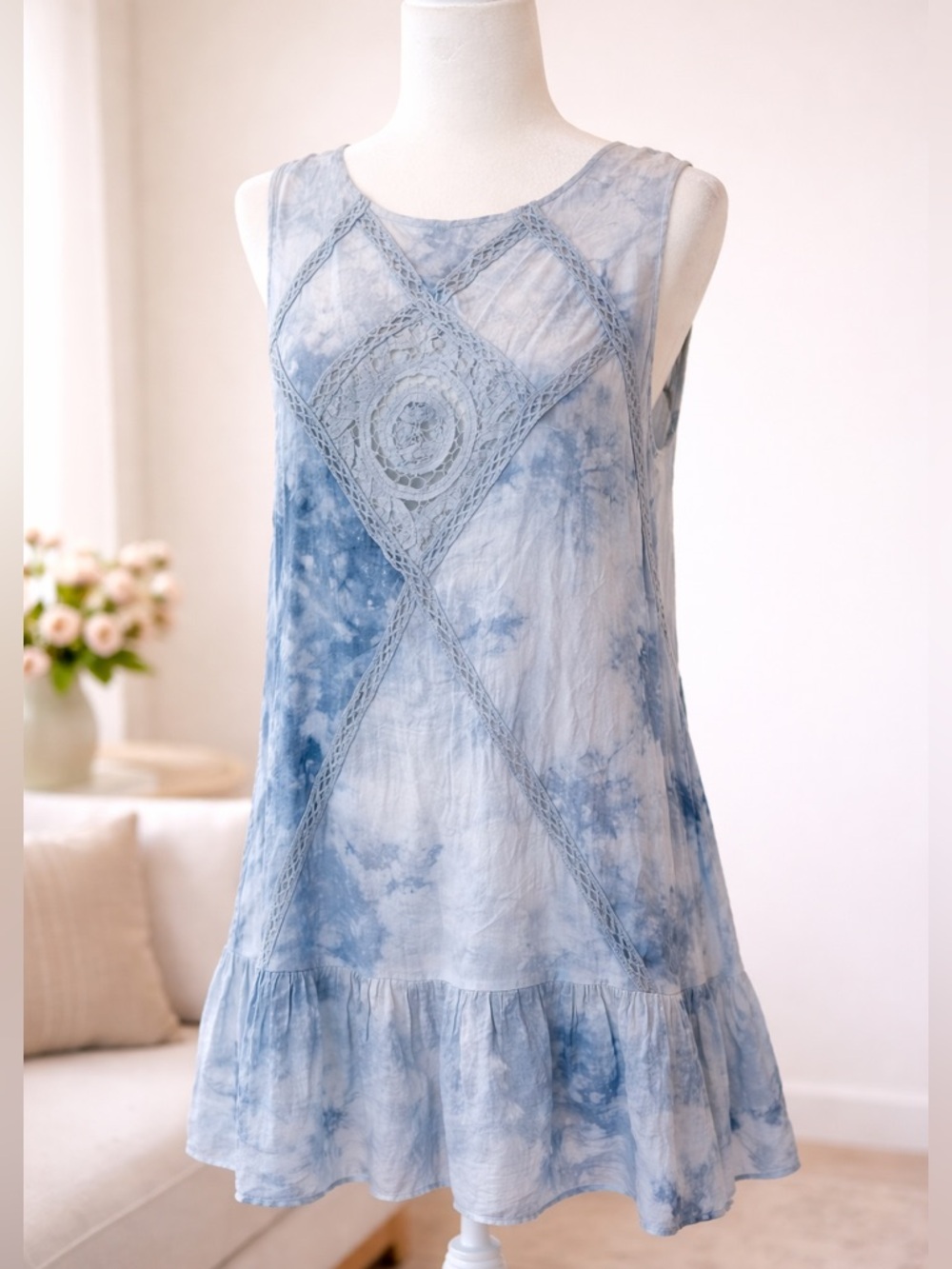 Umgee USA Tie Dye Coastal Boho Beach Sleeveless Crotchet Mini Dress Cover Up